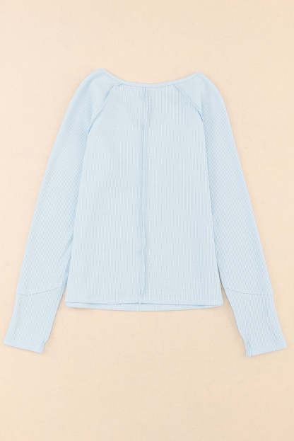 Sky Blue Mineral Wash Long Sleeve V-Neck Top-yoyobikini