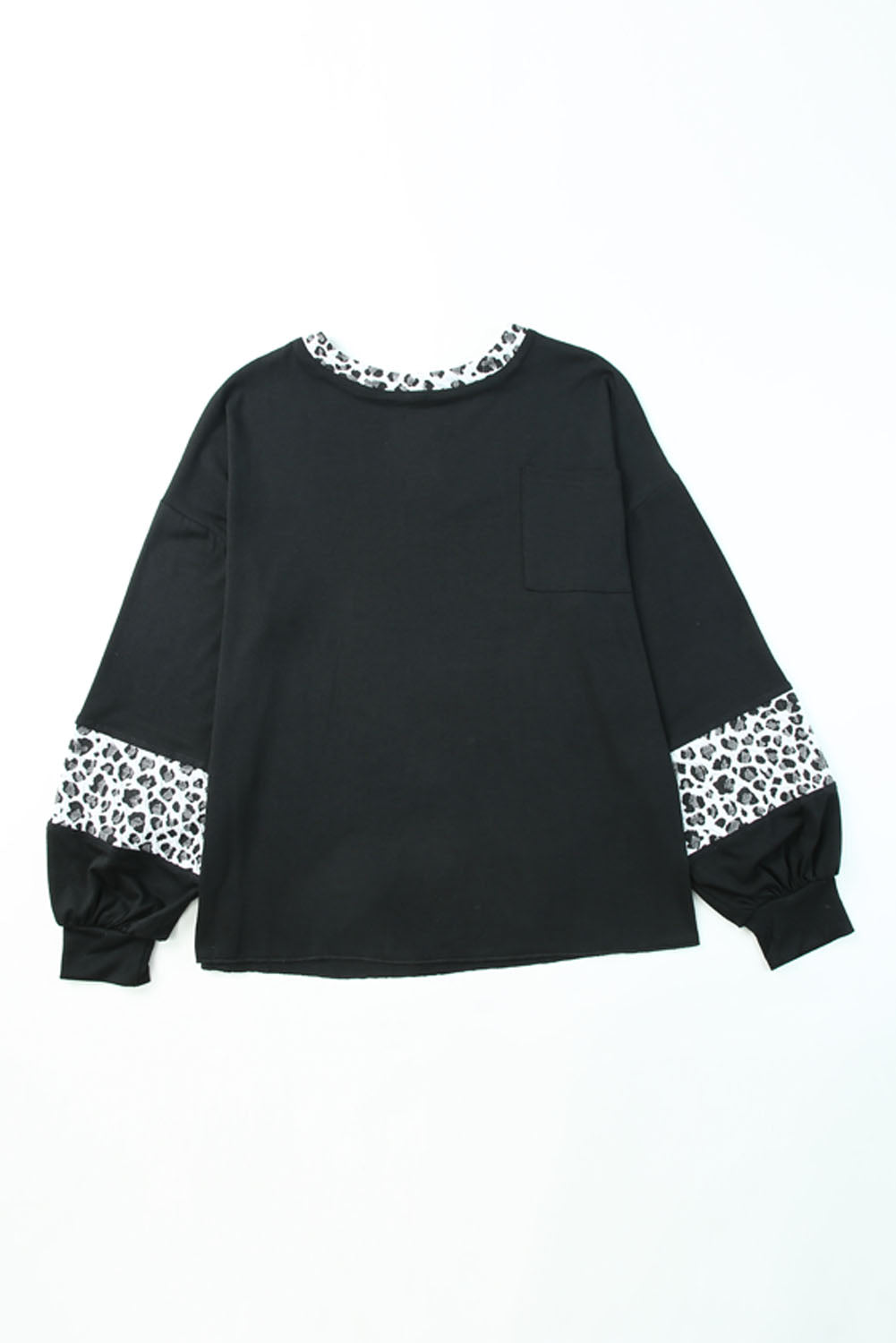 Black Leopard Print Balloon Sleeve Crew Neck Top-yoyobikini