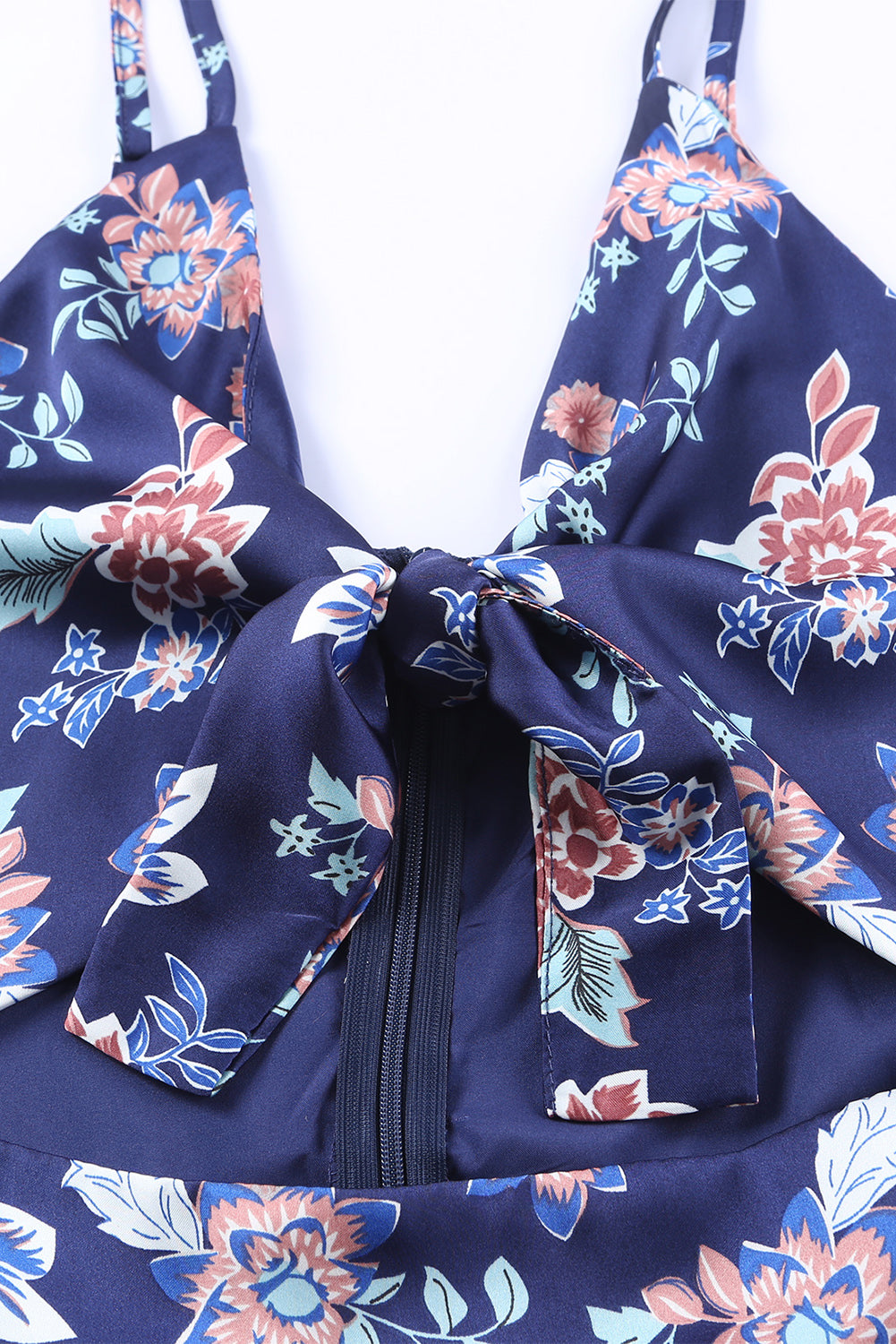 Blue Floral Print Bust Knot Long Dress with Slit-yoyobikini