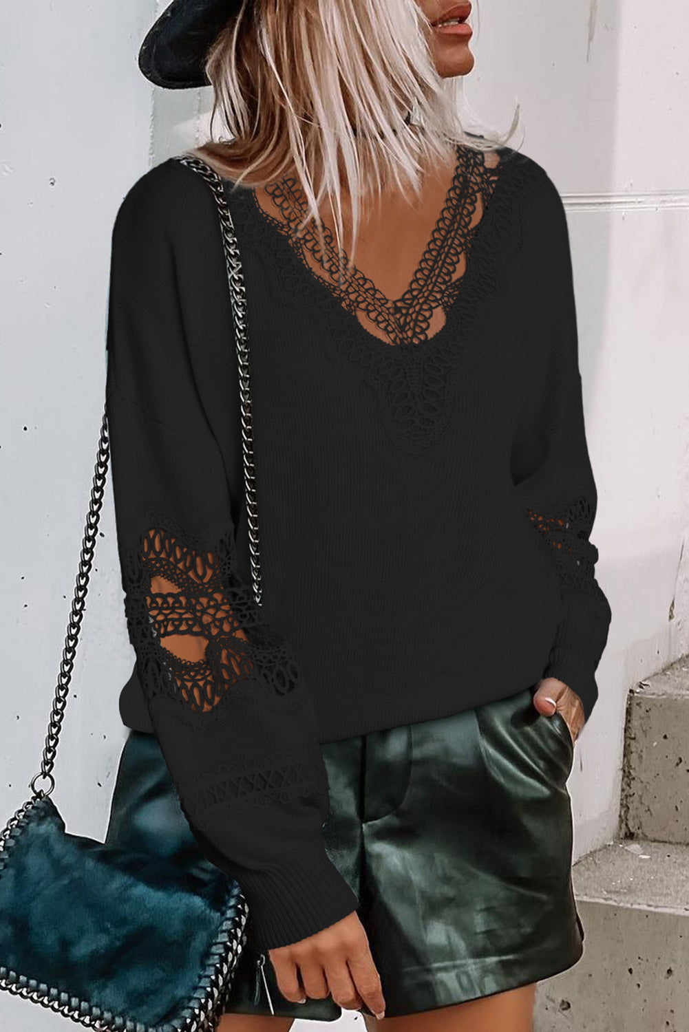 Black Hollowed Lace Splicing V Neck Loose Sweater-yoyobikini