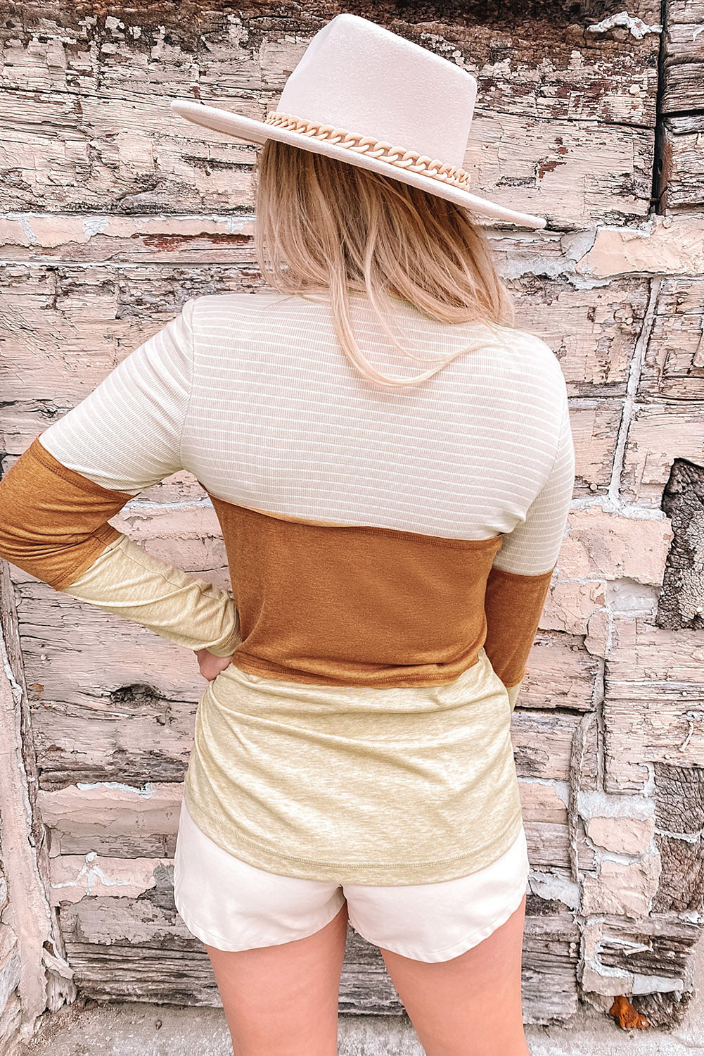Orange Striped Color Block Henley Top-yoyobikini