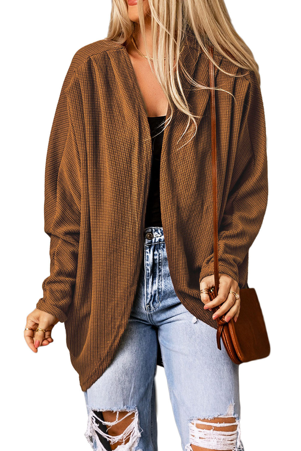 Brown Waffle Knit Open Front Rounded Hem Cardigan-yoyobikini