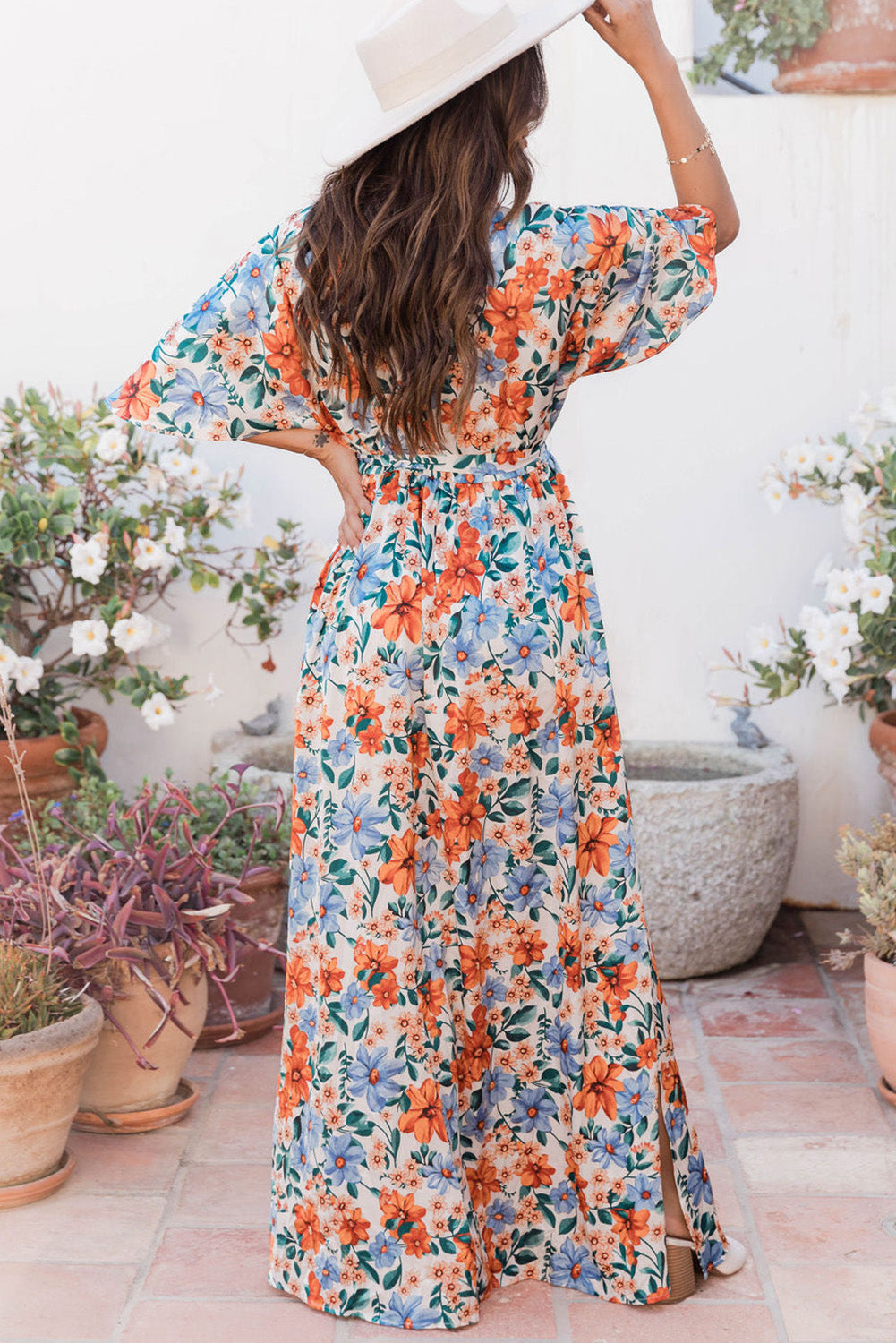 Sky Blue Floral Print Wrap Belted Maxi Dress-yoyobikini