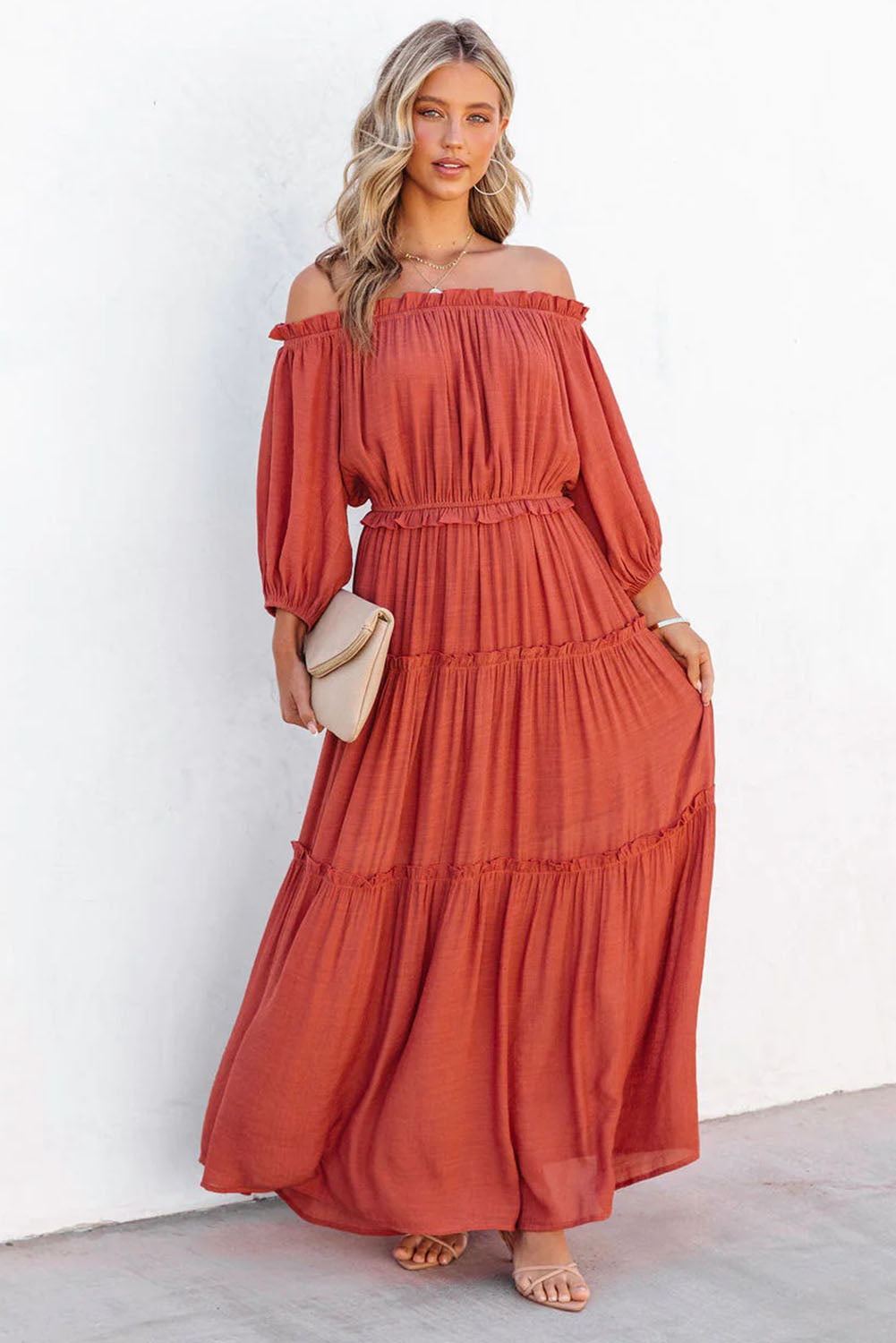 Orange Off Shoulder Balloon Sleeve Cutout Ruffled Maxi Dress-yoyobikini