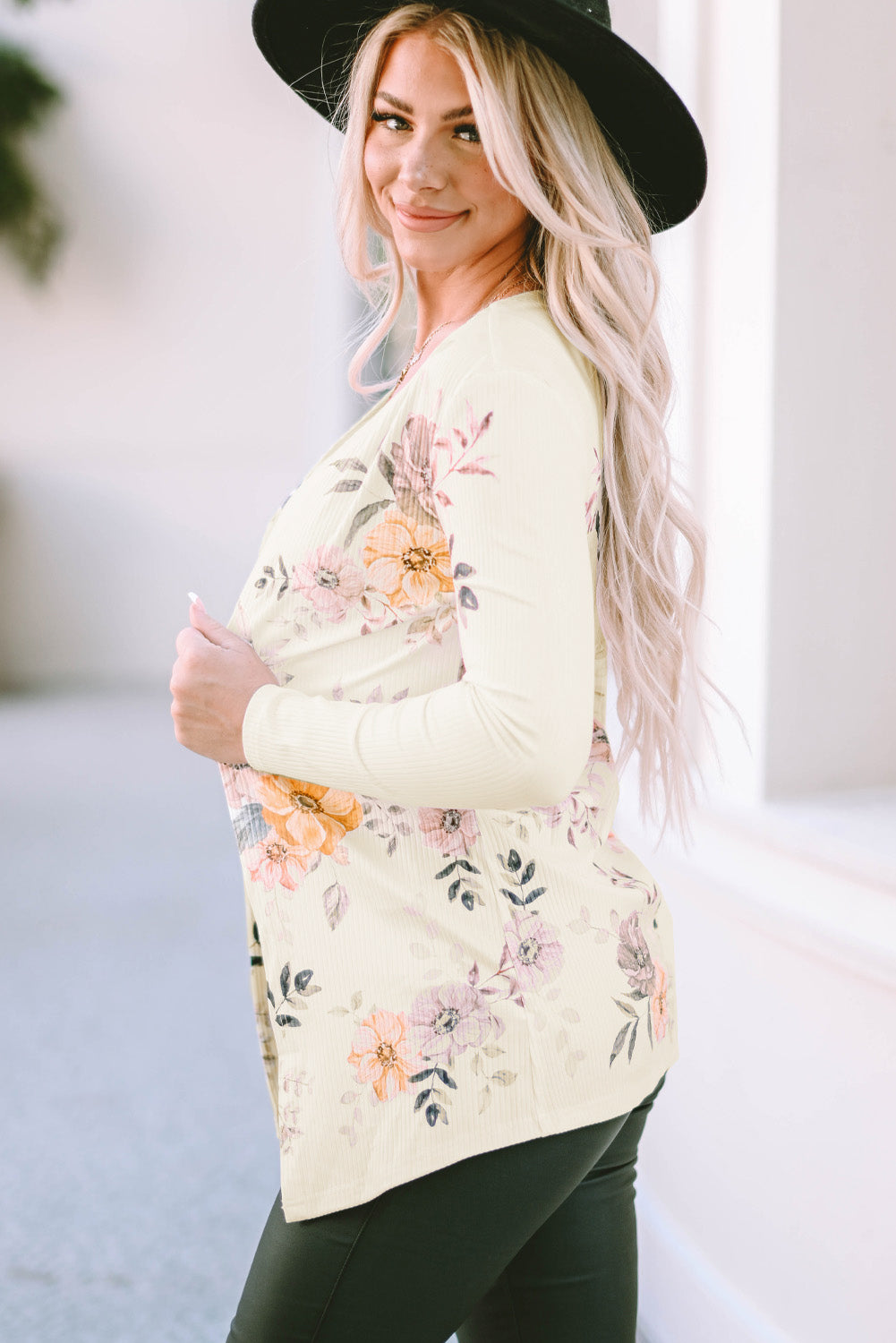 Apricot Floral Print Ribbed Knit Slim Fit Cardigan-yoyobikini