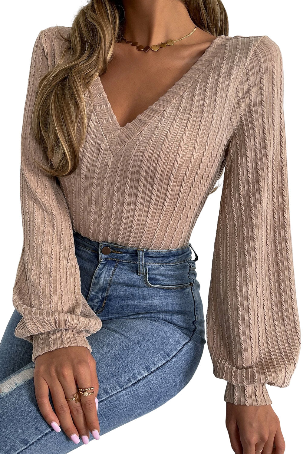 Khaki Knitted Jacquard V Neck Lantern Sleeve Top-yoyobikini