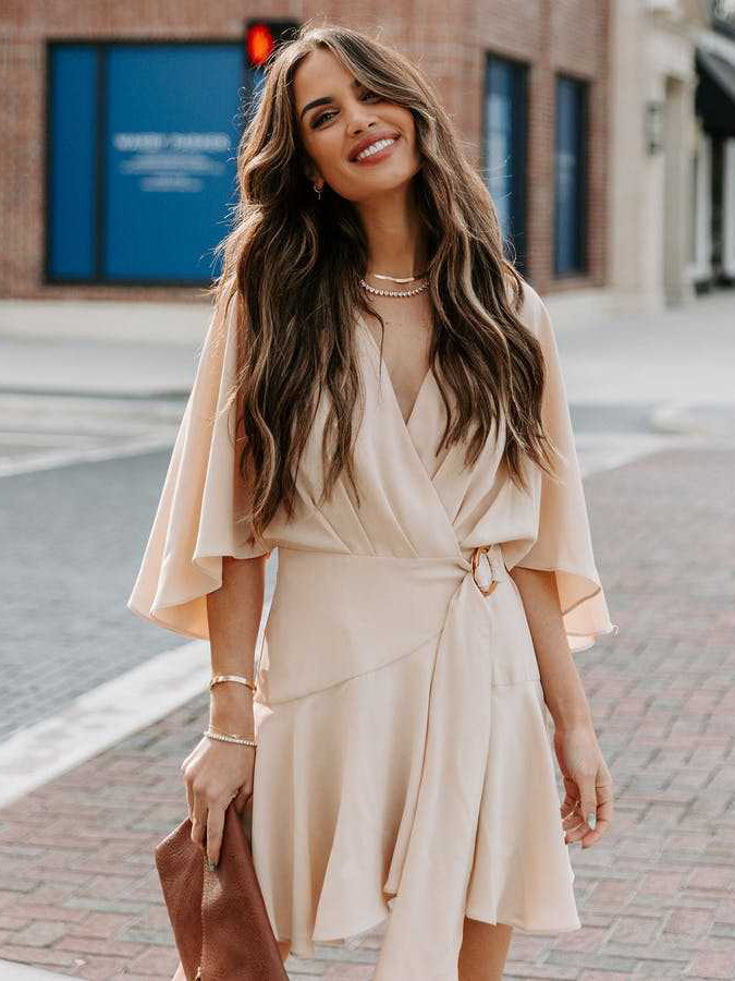 Summer Dresses Khaki V-Neck Beach Mini Dress For Women