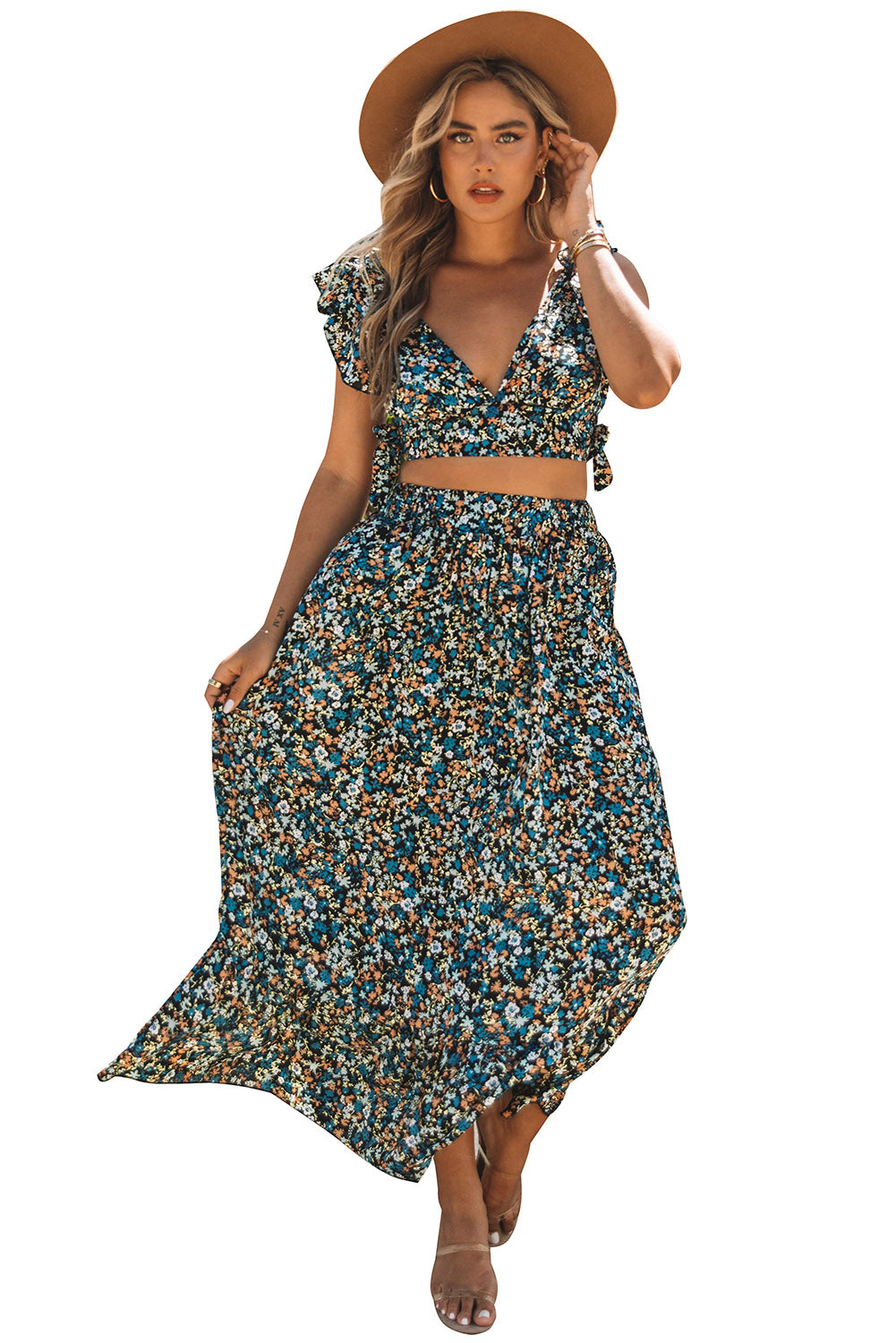 Multicolor Floral Ruffled Crop Top and Maxi Skirt Set-yoyobikini