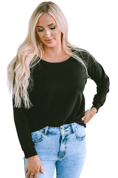 Black Solid Casual Round Neck Raglan Long Sleeve Tee-yoyobikini