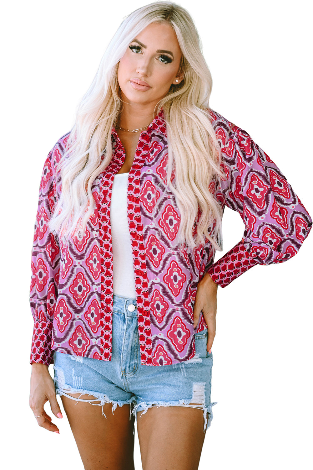 Rose Abstract Print Button Up Long Sleeve Shirt-yoyobikini