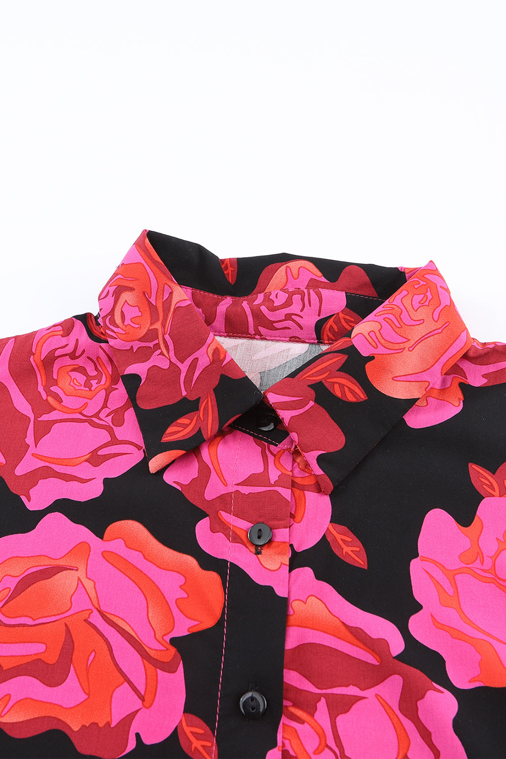 Rose Floral Shirred Cuffs Long Sleeve Shirt-yoyobikini