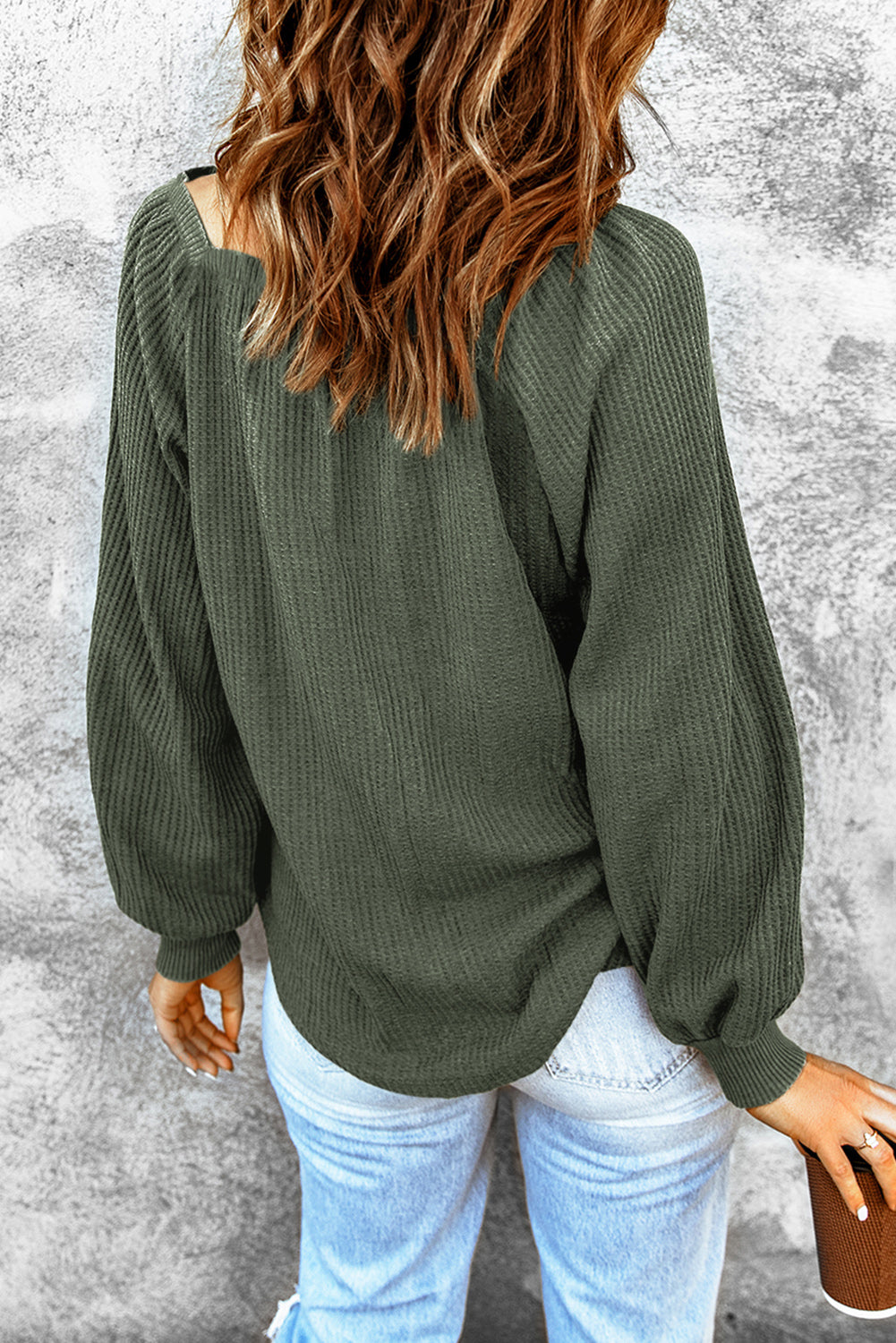 Green Scoop Neck Puff Sleeve Waffle Knit Top-yoyobikini