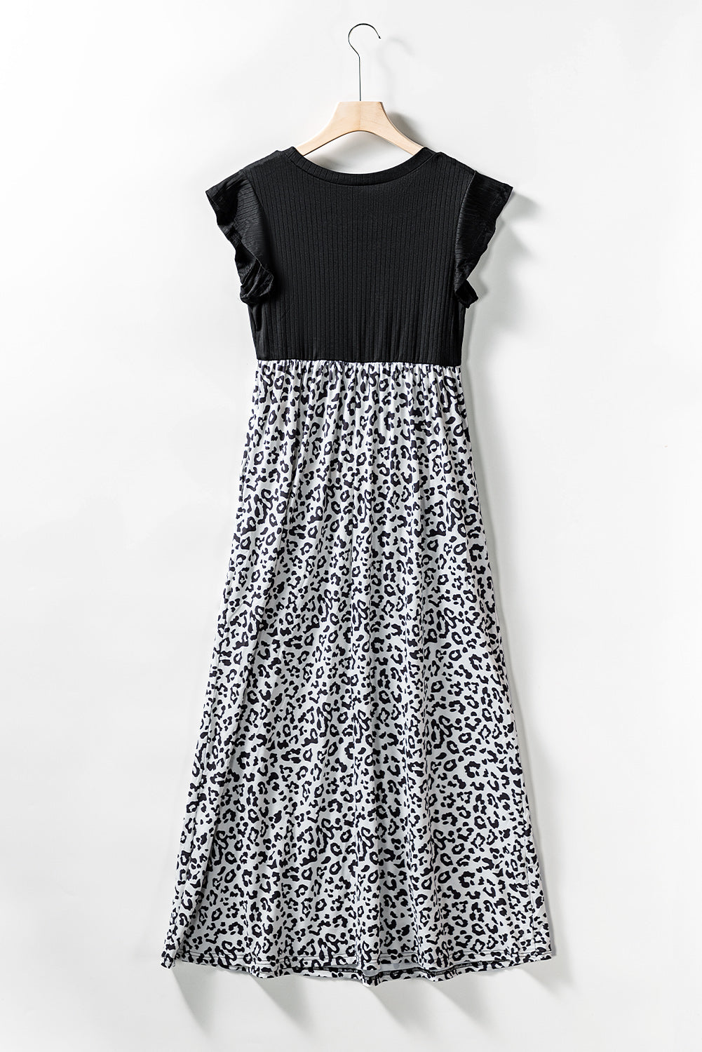 Black Leopard Patchwork Ribbed Maxi Dress with Pockets-yoyobikini