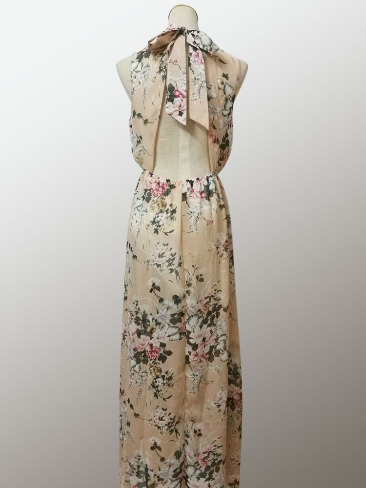 Boho Maxi Dress Floral Print Chiffon High Collar Split Soft Pink Summer Long Dress For Women