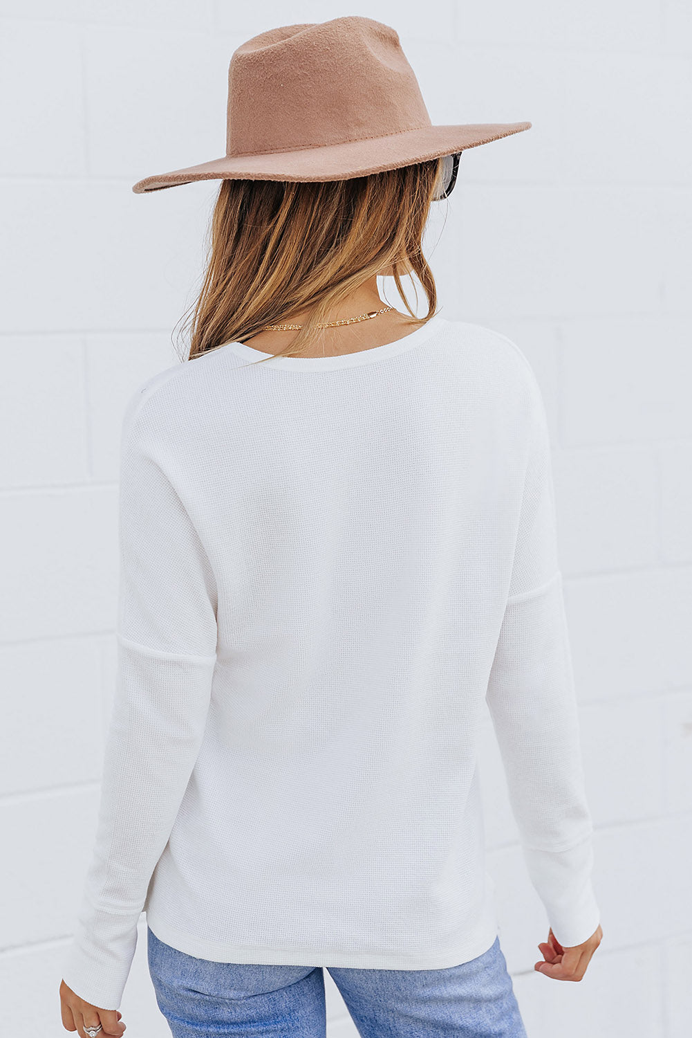 White Waffle Knit Henley Top-yoyobikini
