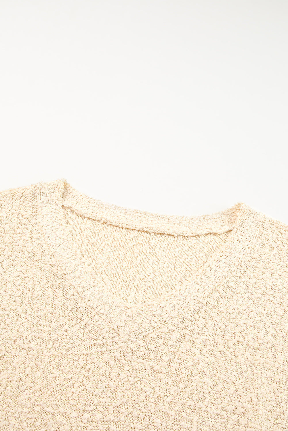 Beige Solid Fuzzy V-Neck Sweater-yoyobikini