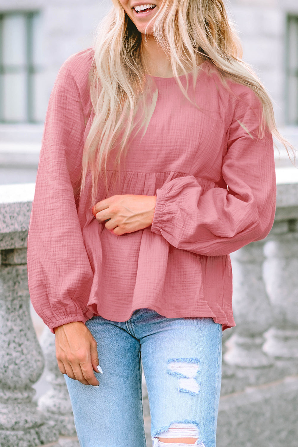 Pink Bubble Sleeve Textured Flowy Blouse-yoyobikini