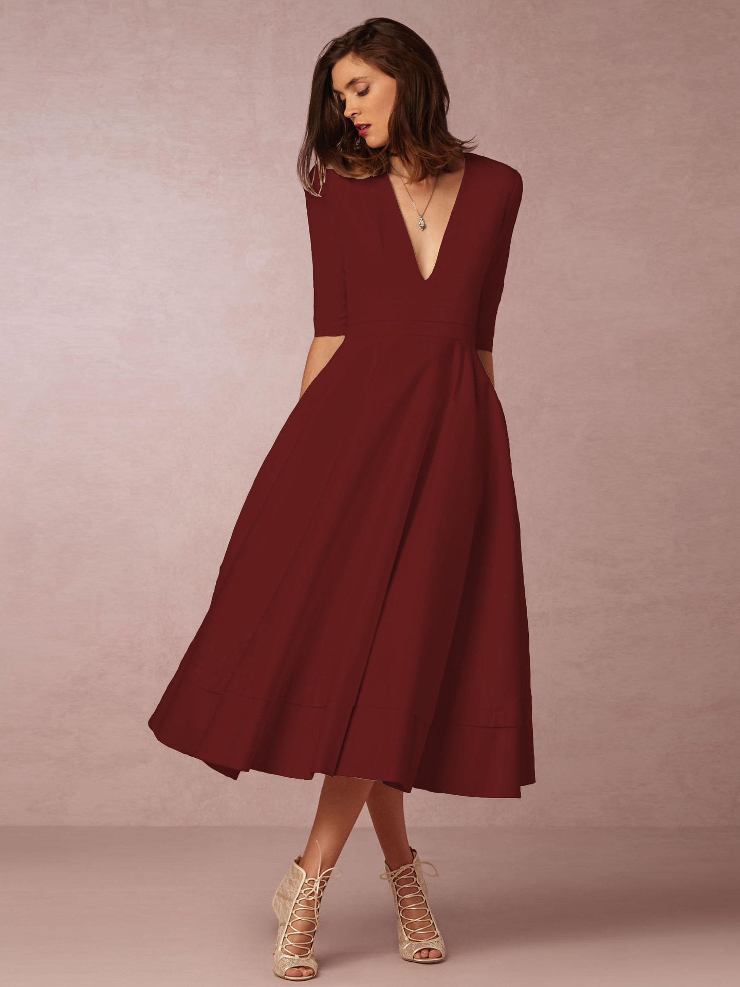Plunge Midi Dress Half Sleeves Pockets A-Line Prom Dresses