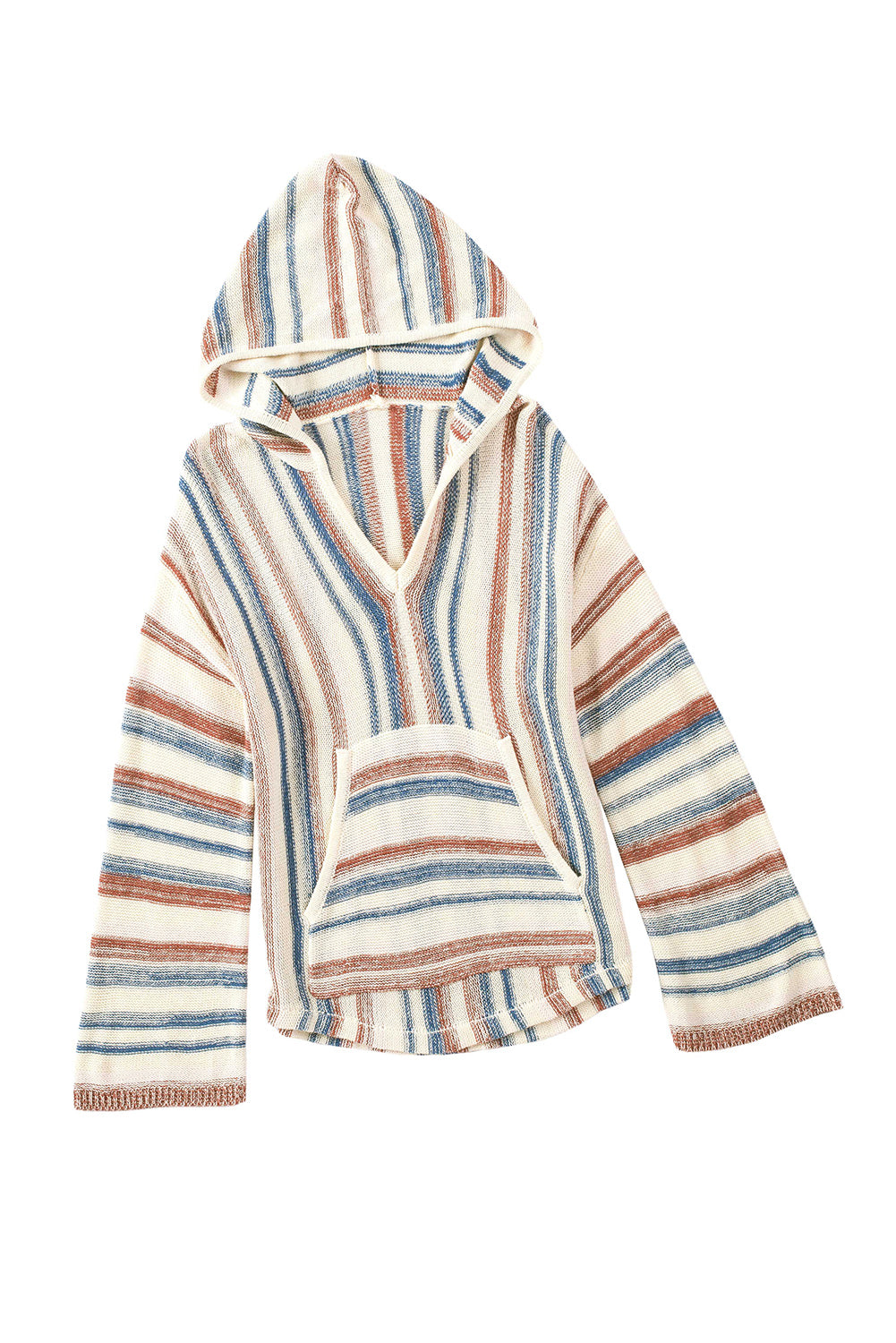 Multicolor Striped Knit Kangaroo Pocket Hooded Sweater-yoyobikini