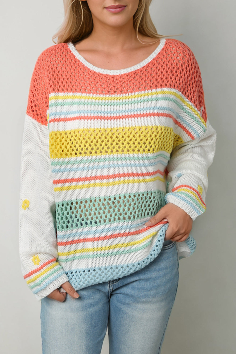 Multicolor Hollow Striped Knit Contrast Sleeve Sweater-yoyobikini