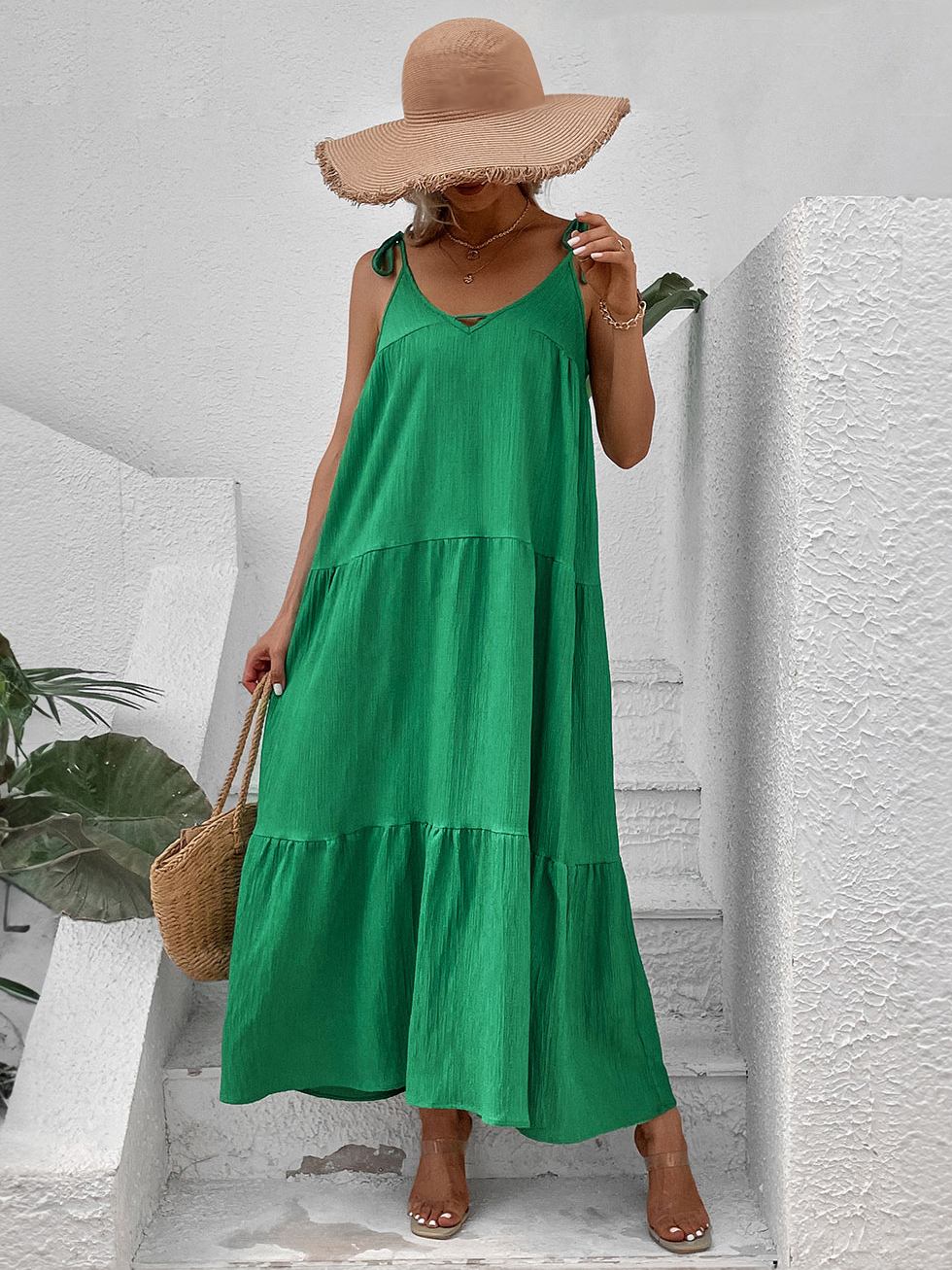 Shift Dresses Green V-Neck Lace Up Polyester Oversized Adult's Modern Tunic Dress