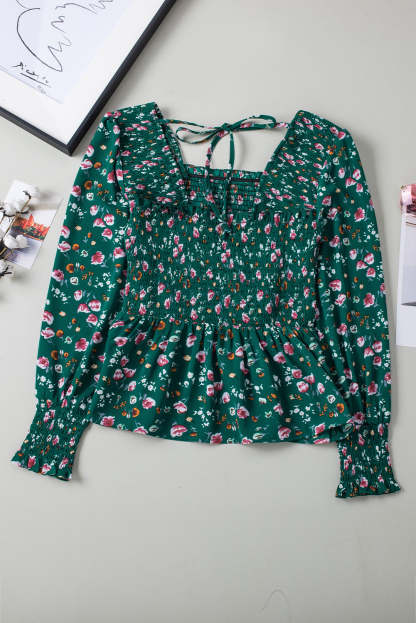Floral Print Smocked Lace-up Square Neck Long Sleeve Top-yoyobikini