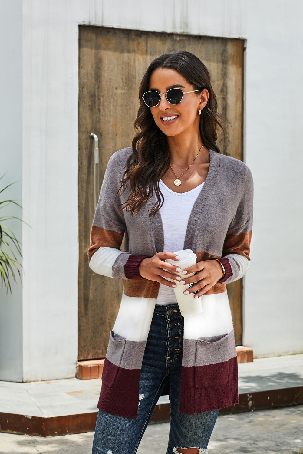 Open Front Colorblock Cardigan with Pockets-yoyobikini