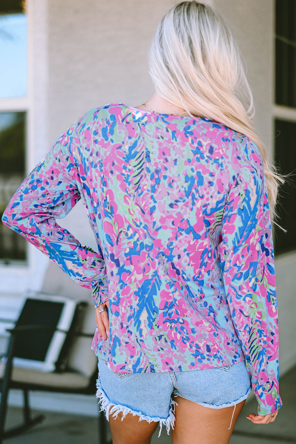 Multicolor Printed Wide Neck Thumbhole Sleeve Henley Top-yoyobikini
