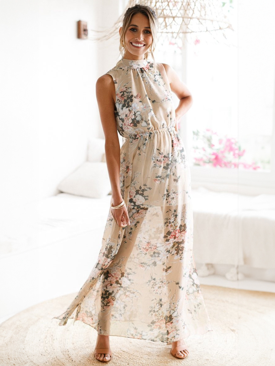 Boho Maxi Dress Floral Print Chiffon High Collar Split Soft Pink Summer Long Dress For Women