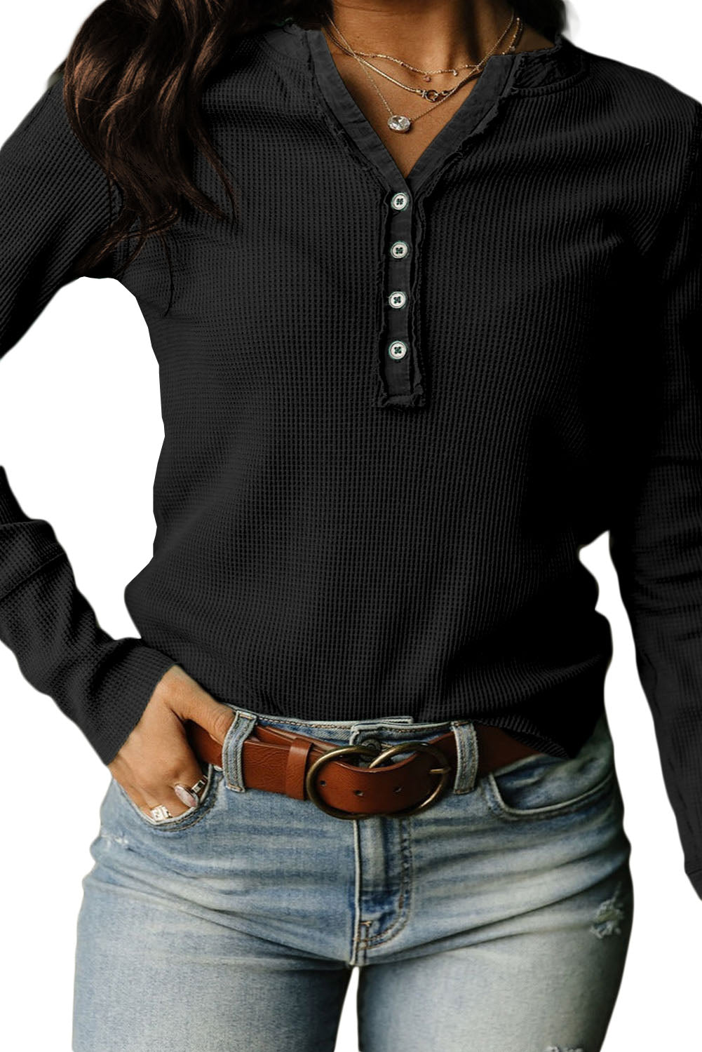 Black Trimmed Neckline Waffle Knit Henley Top-yoyobikini
