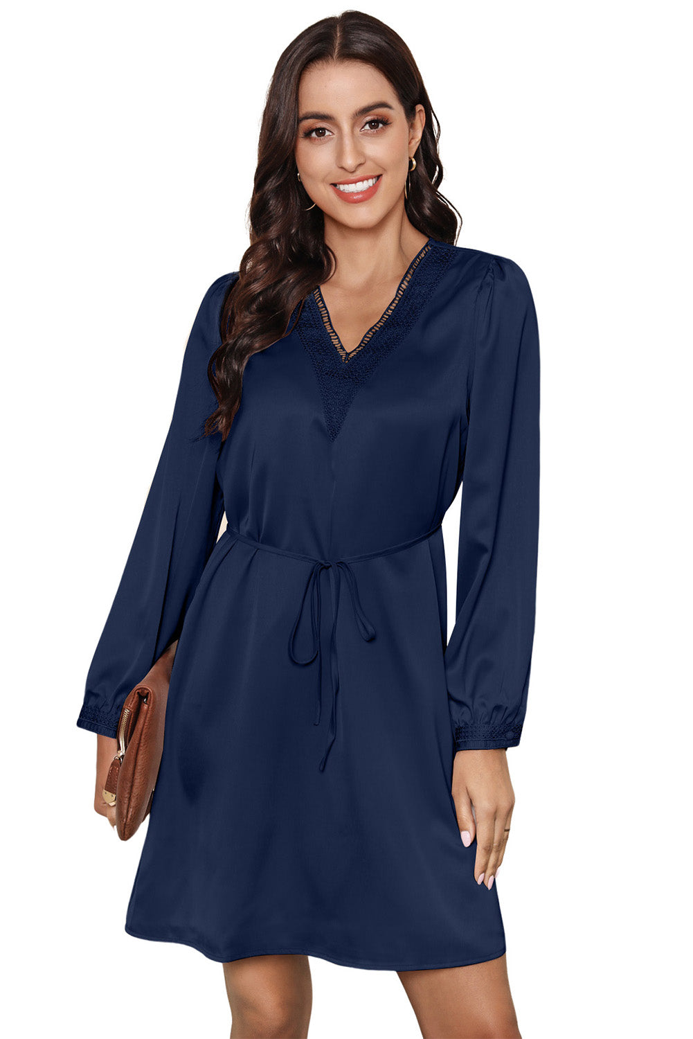 Blue Lace Trim V Neck Tie Waist Long Sleeve Dress-yoyobikini