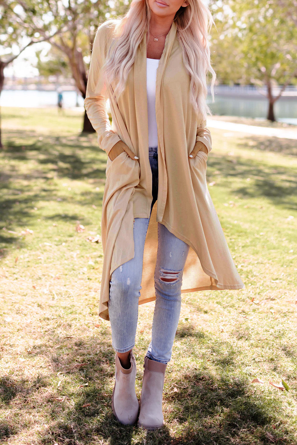 Apricot Long Sleeve Pockets High Low Open Front Cardigan-yoyobikini