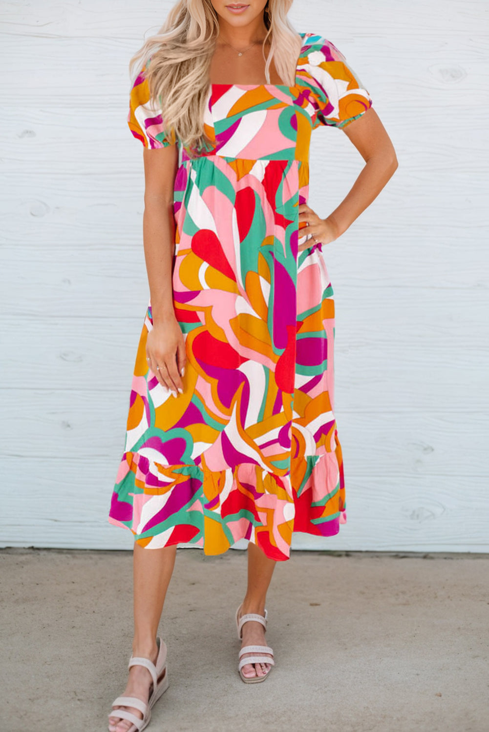 Red Abstract Print Square Neck Flowy Midi Dress-yoyobikini