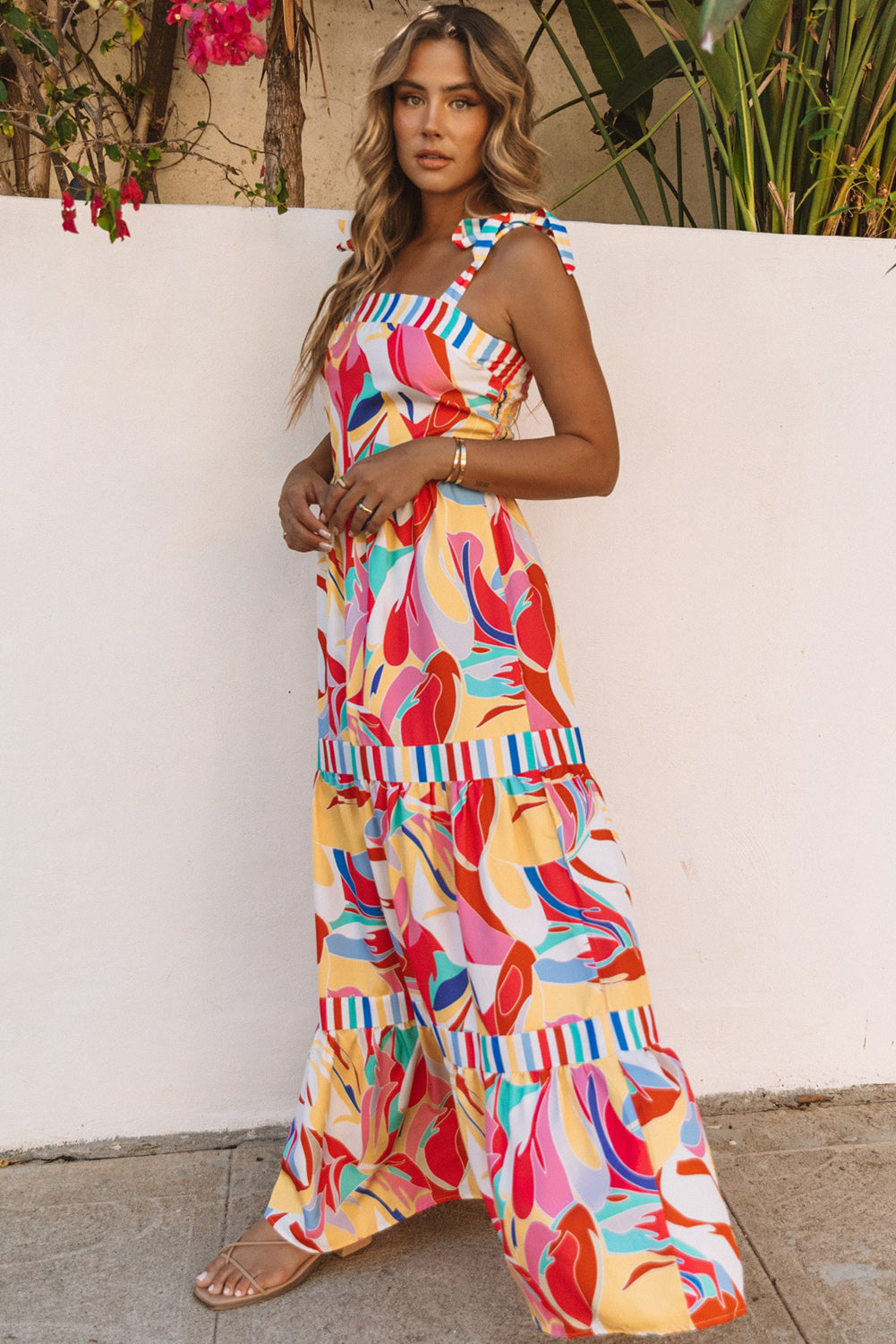 Multicolor Abstract Print Striped Trim Maxi Sundress-yoyobikini