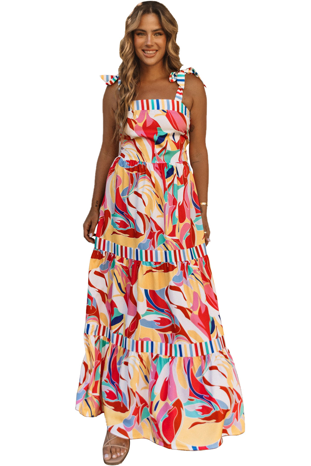 Multicolor Abstract Print Striped Trim Maxi Sundress-yoyobikini