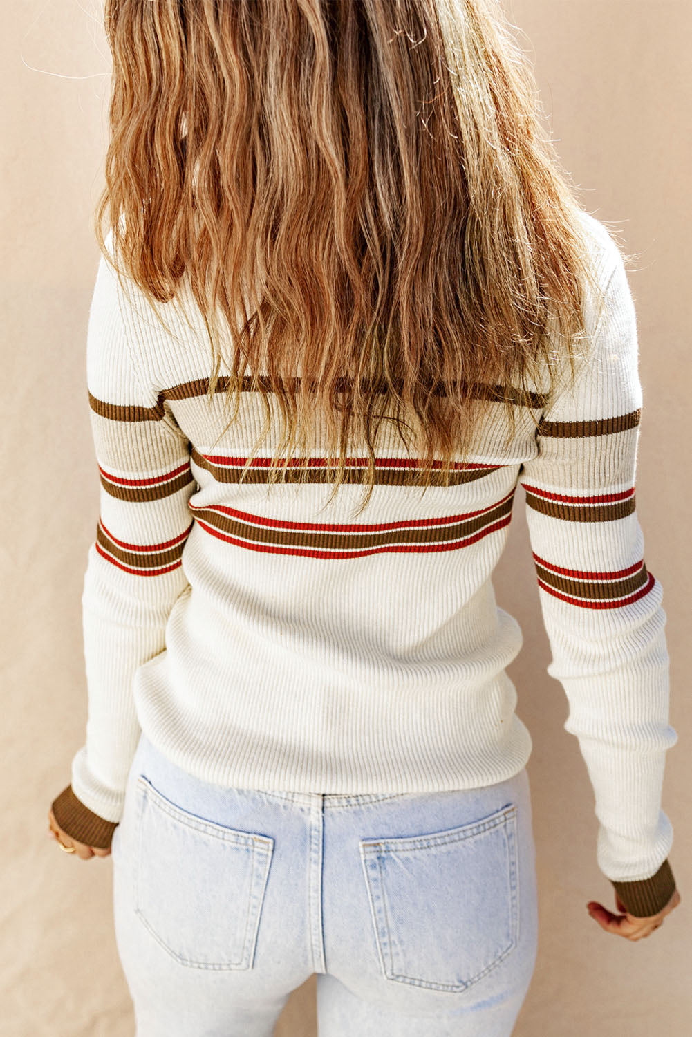 White Rib Knitted Stripe Detail Henley Sweater-yoyobikini