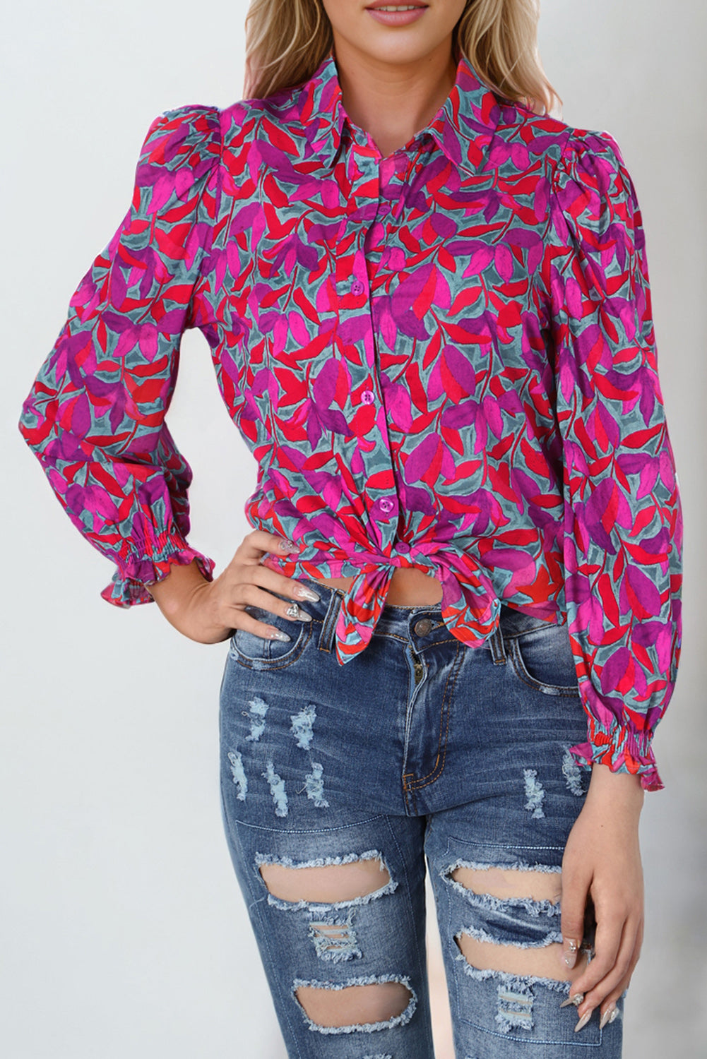 Multicolor Abstract Floral Button Up Long Puff Sleeve Shirt-yoyobikini