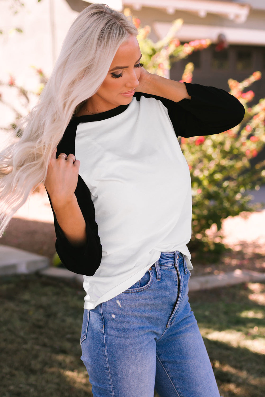 Black Color Block Raglan Sleeve Pullover Top-yoyobikini