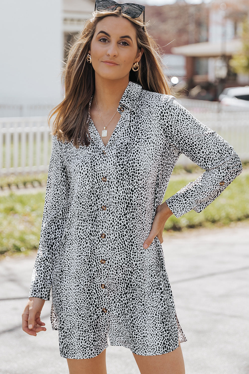 Long Sleeve Leopard Animal Print Shirt Dress-yoyobikini