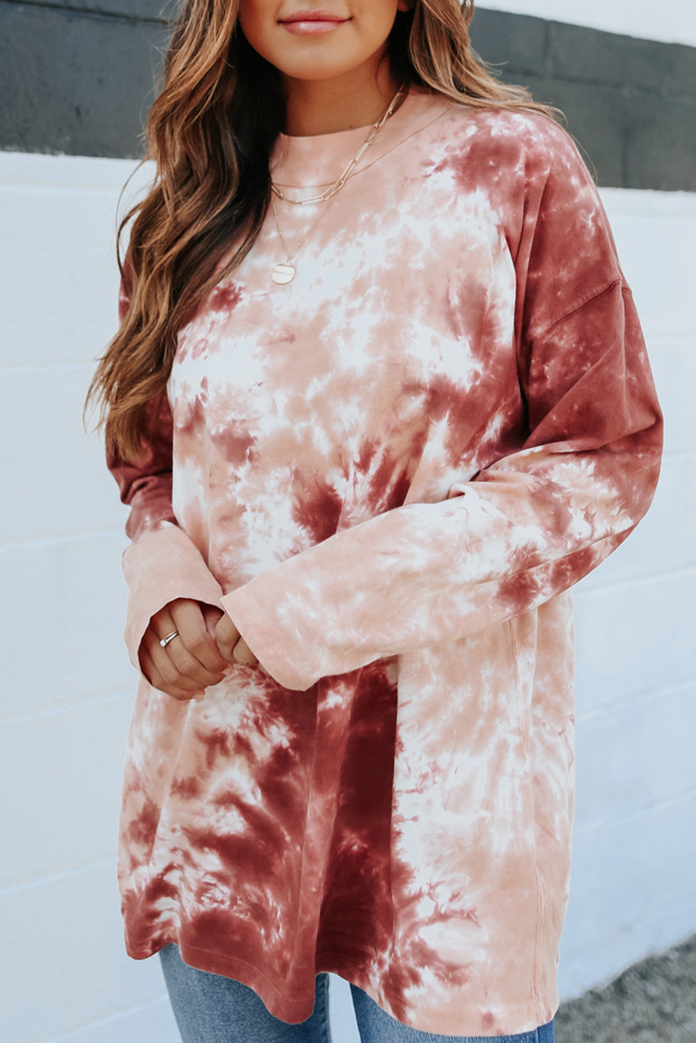 Red Tie Dye Crew Neck Long Sleeve Top-yoyobikini