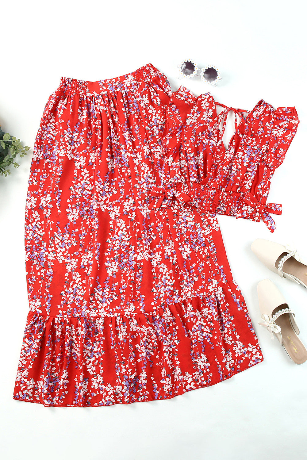Red Multicolor Floral Ruffled Crop Top and Maxi Skirt Set-yoyobikini