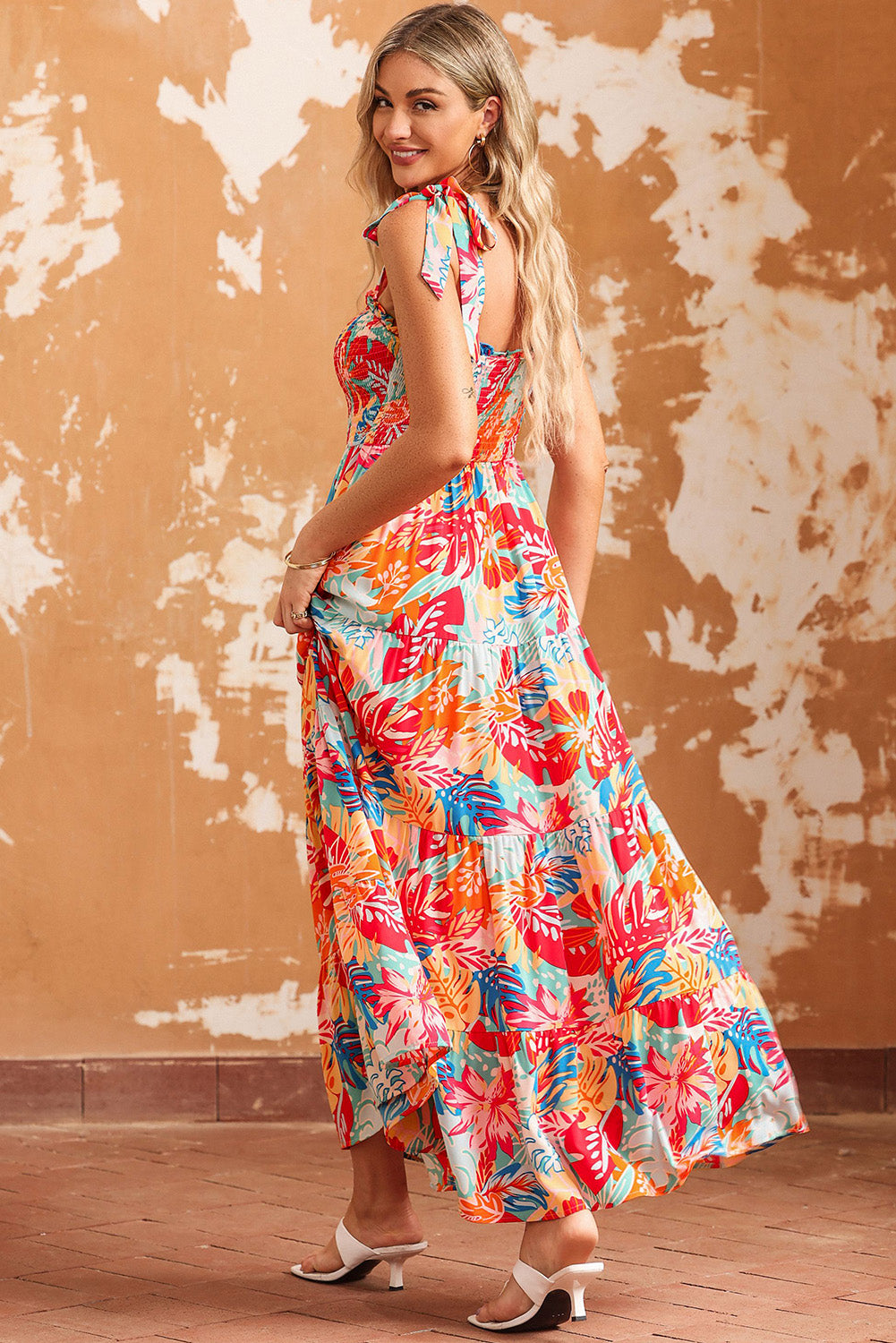 Multicolor Vibrant Tropical Print Smocked Ruffle Tiered Maxi Dress-yoyobikini