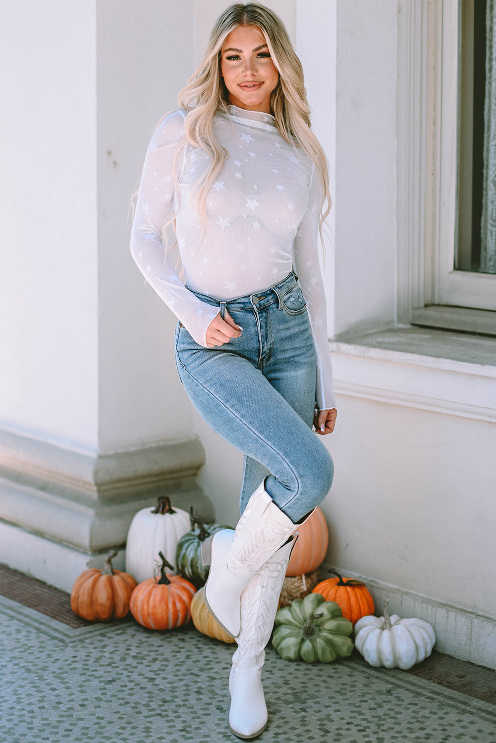 White Star Embellished Sheer Mesh Long Sleeve Top-yoyobikini