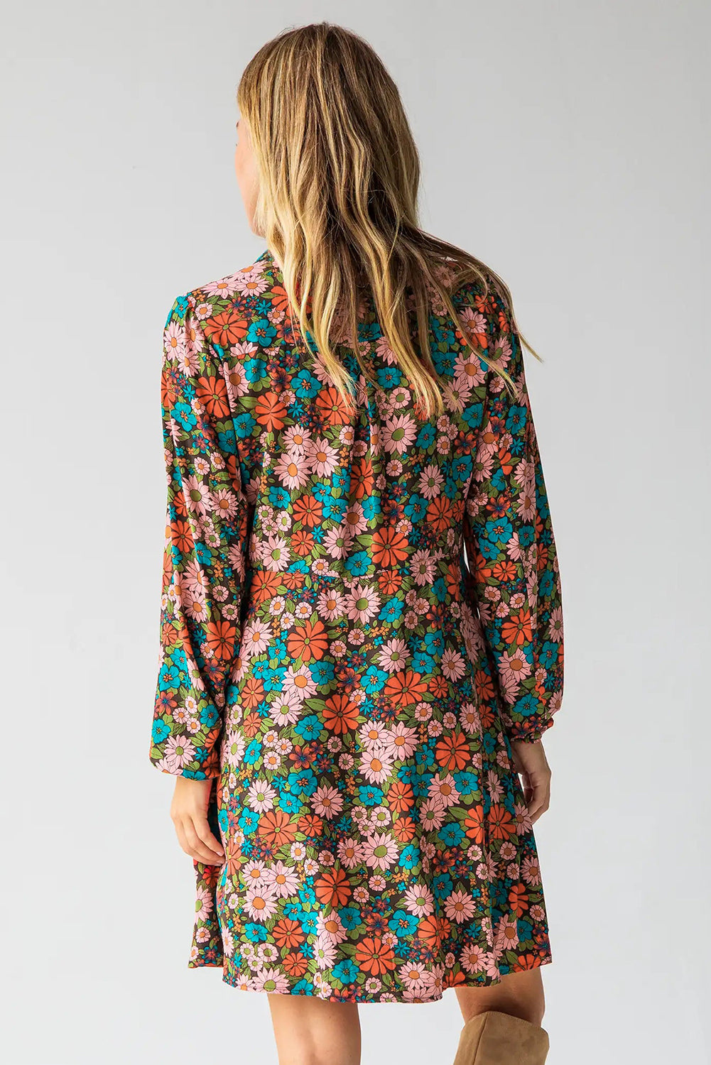 Multicolour Vibrant Floral Print Lapel Collar Button Closure Shirt Dress-yoyobikini