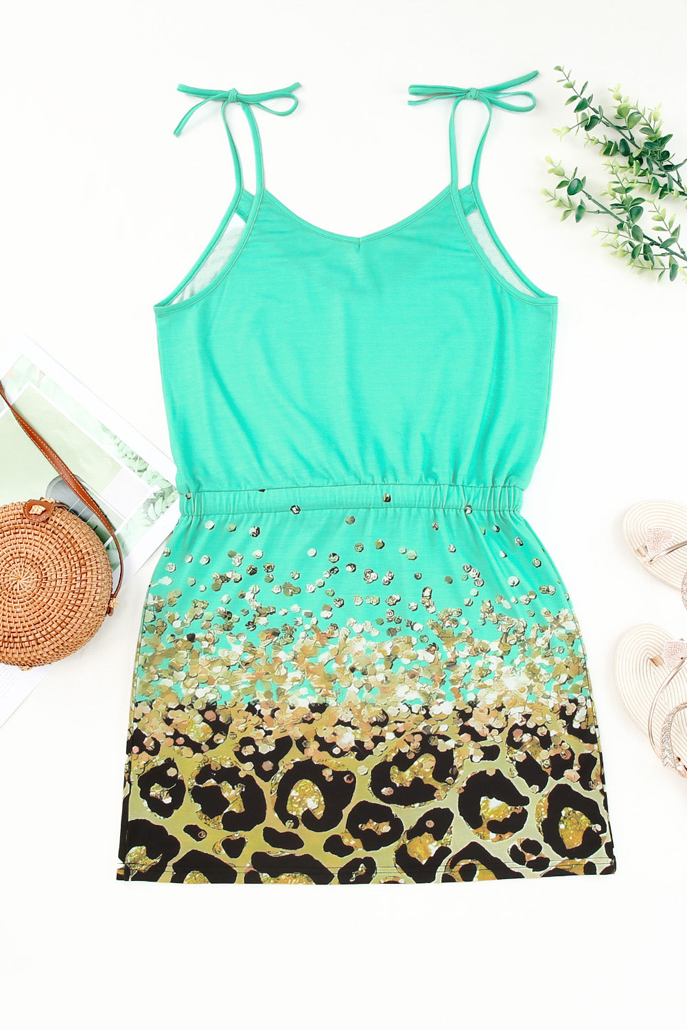 Green Shiny Leopard Print Drawstring Strappy Dress-yoyobikini