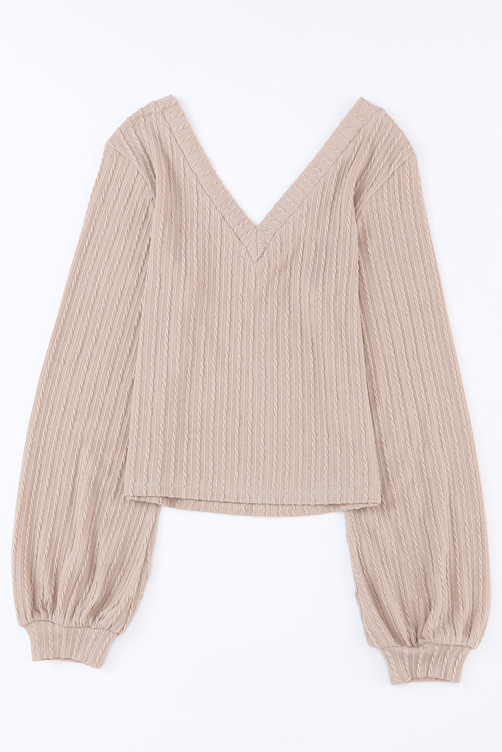 Khaki Knitted Jacquard V Neck Lantern Sleeve Top-yoyobikini
