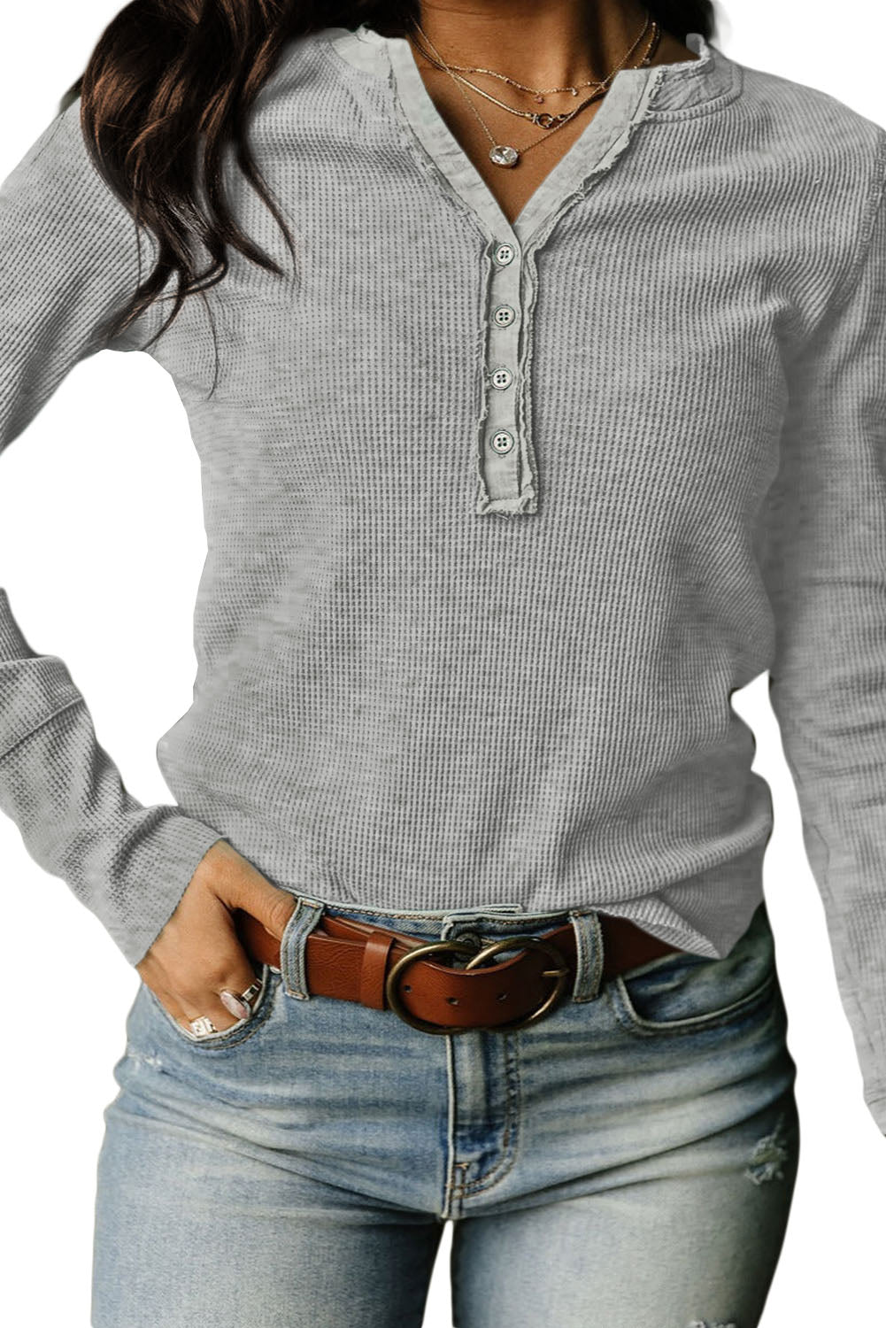Gray Trimmed Neckline Waffle Knit Henley Top-yoyobikini