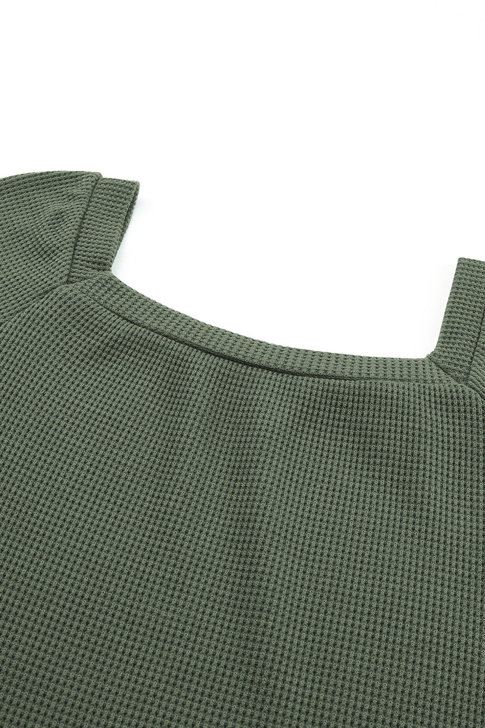 Green Scoop Neck Puff Sleeve Waffle Knit Top-yoyobikini
