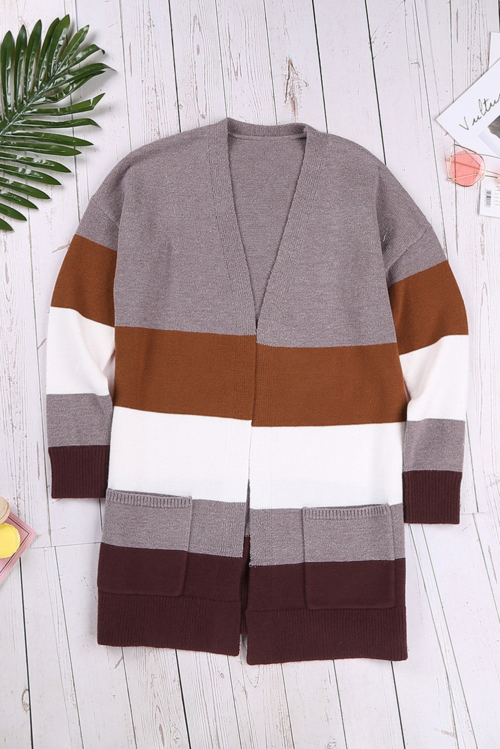 Open Front Colorblock Cardigan with Pockets-yoyobikini