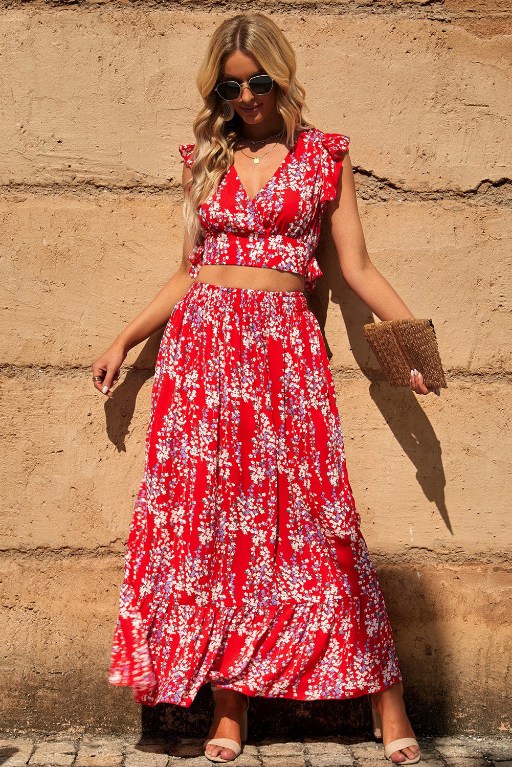 Red Multicolor Floral Ruffled Crop Top and Maxi Skirt Set-yoyobikini